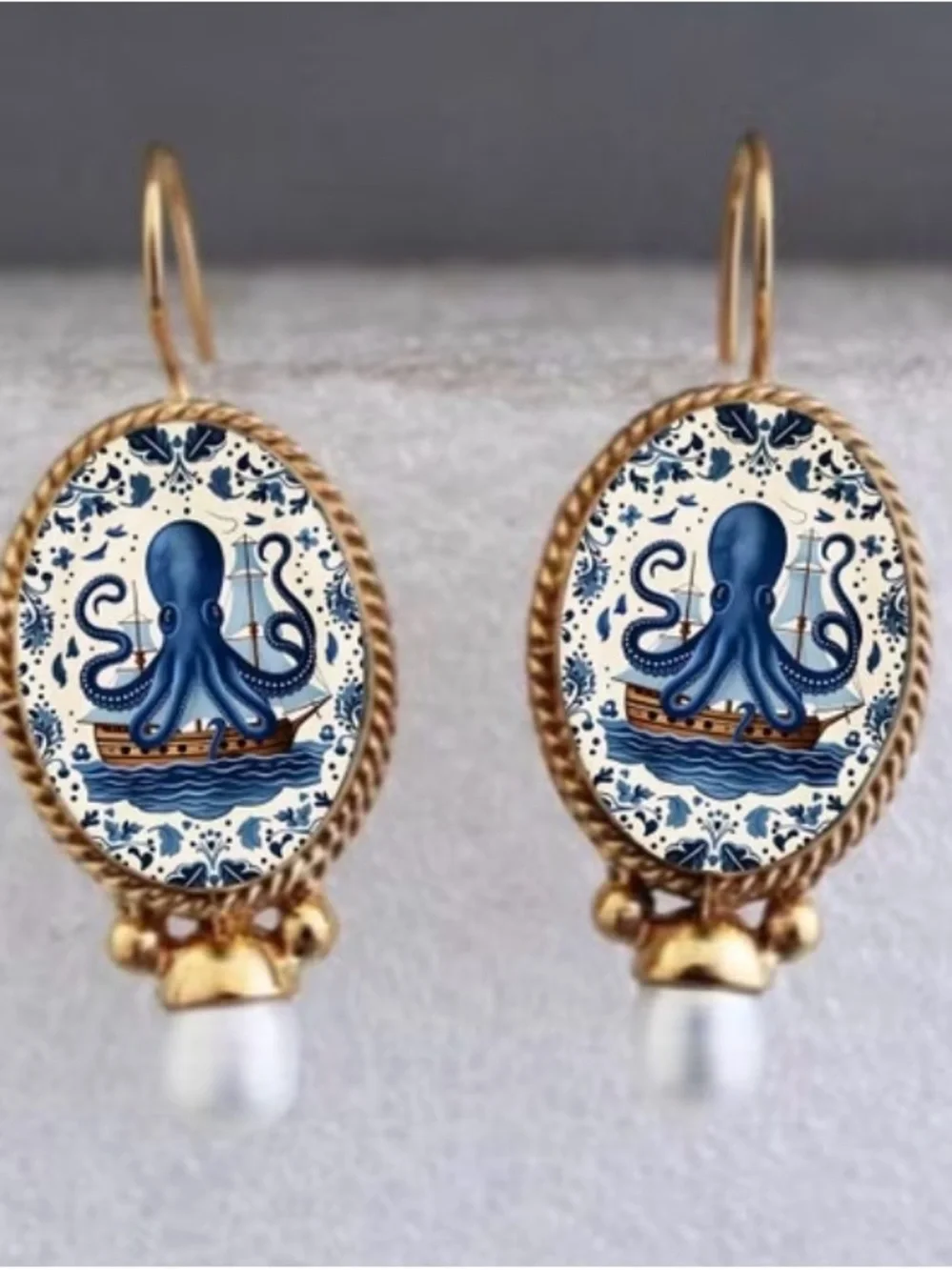 Blue Octopus Cameo Pearl Drop Earrings - Gold Tone